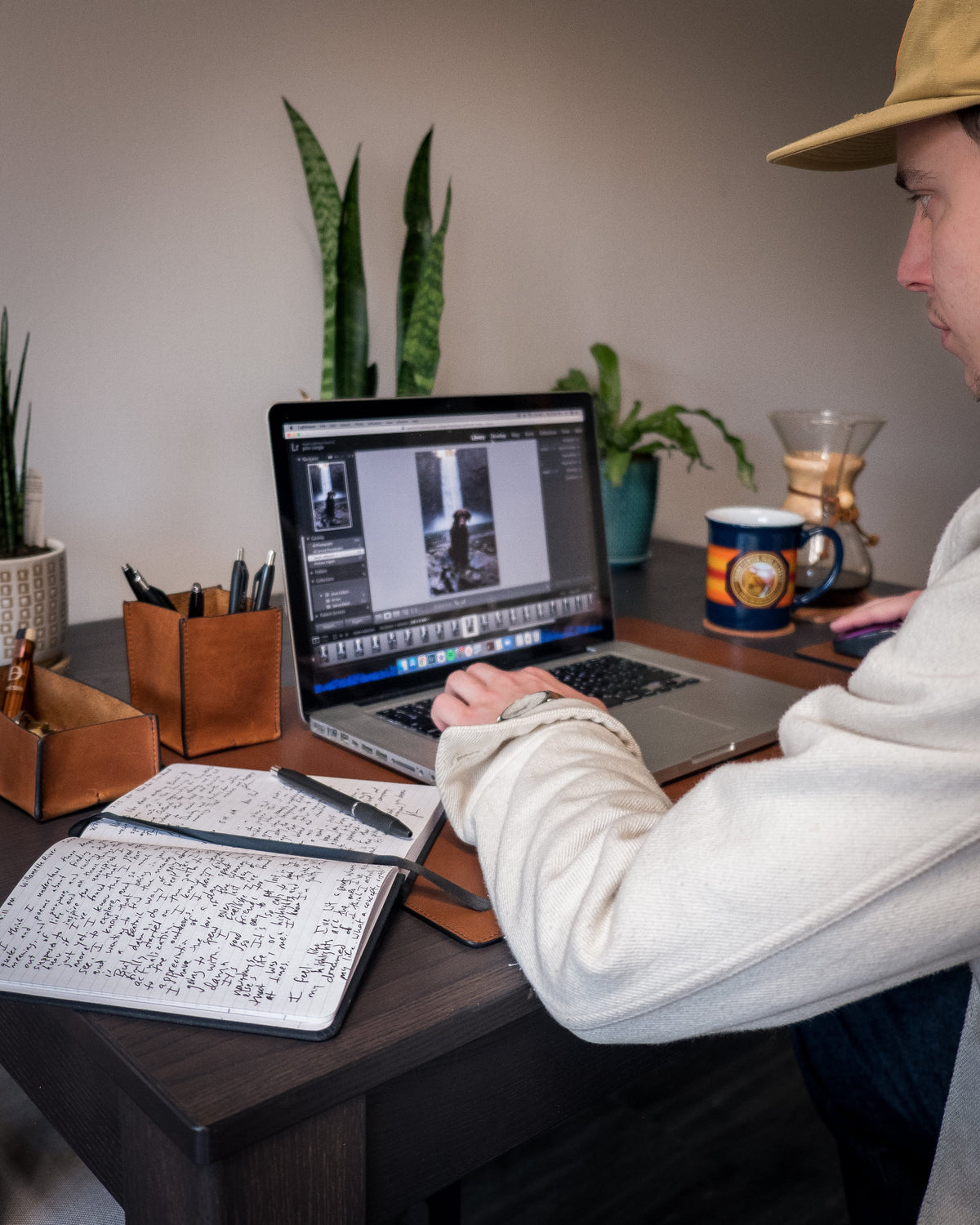 Carter Leather Desk Pad in espresso with desk accessories — lifestyle