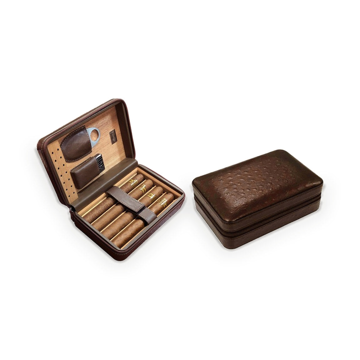 The Manhattan brown ostrich-motif leather travel humidor case shown open with cigars and closed from the exterior; cigars not included
