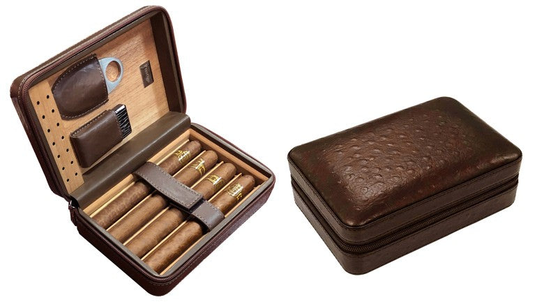 The Manhattan brown ostrich-motif leather travel humidor case shown open with cigars and closed from the exterior; cigars not included