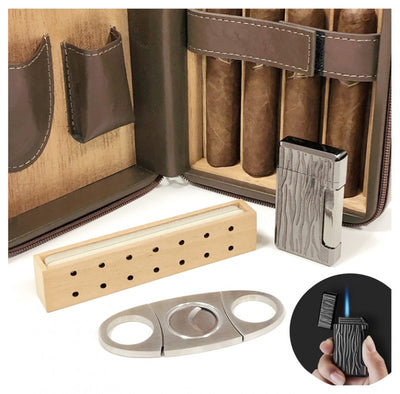 The Manhattan travel humidor open with cigars, beside the removable cedar bed, included guillotine cutter and lit butane torch; cigars not included