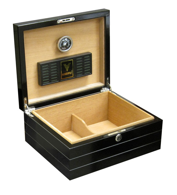The Onyx humidor open, cedar interior with hygrometer and humidifier in the lid