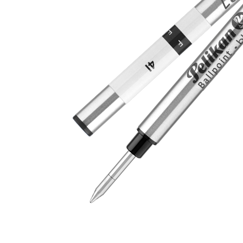 Pelikan 337 ballpoint refill in black, shown from both ends — the printed barrel and the colour-coded band