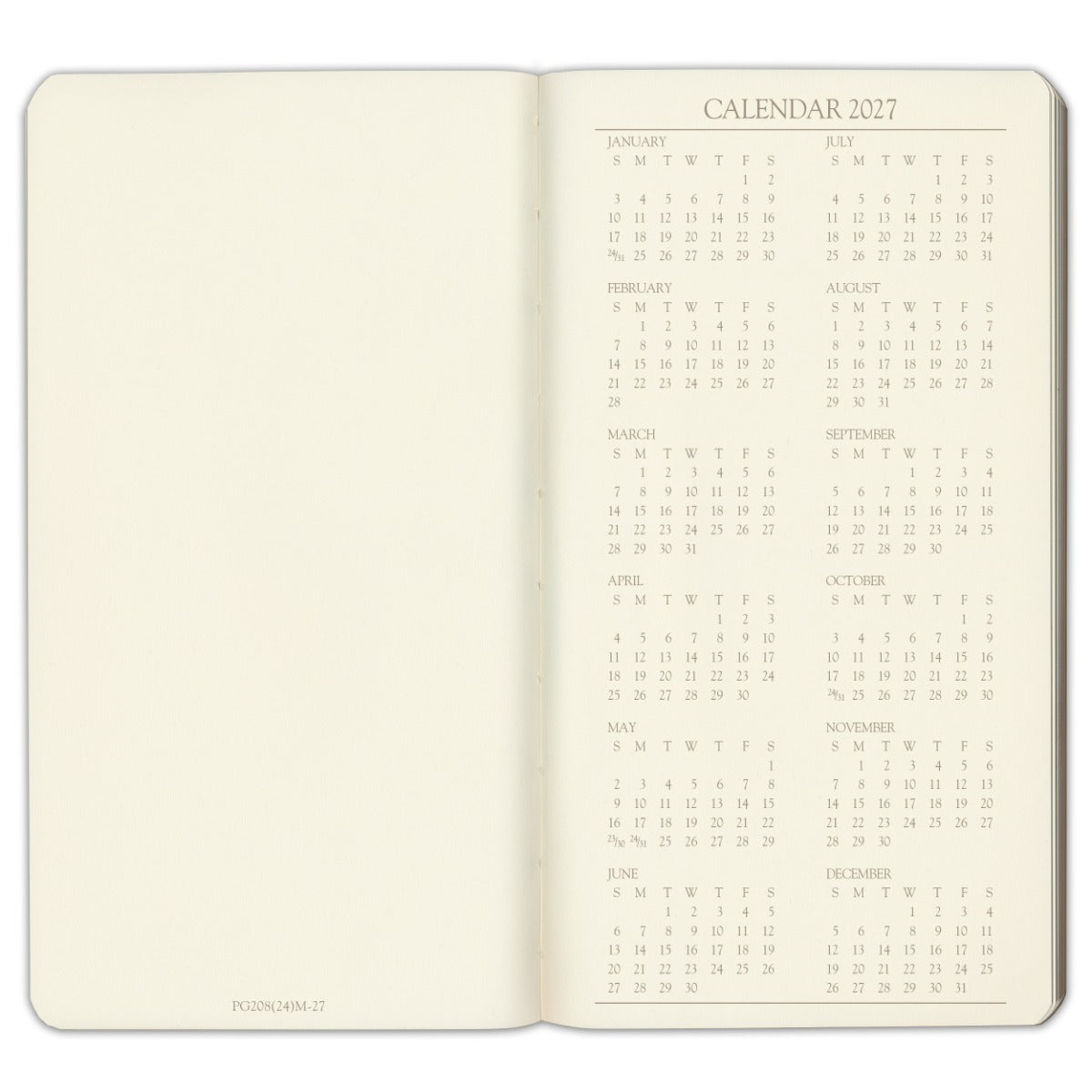 Pocket Weekly Leather Planner 2027 — year-at-a-glance calendar page