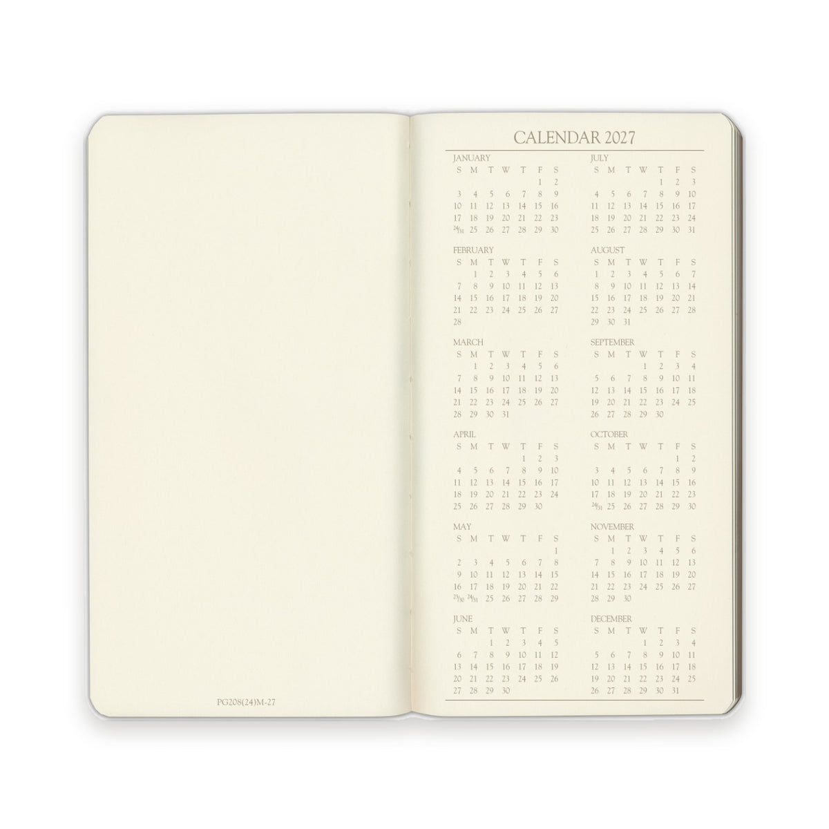 Pocket Weekly Leather Planner 2027 — year-at-a-glance calendar page