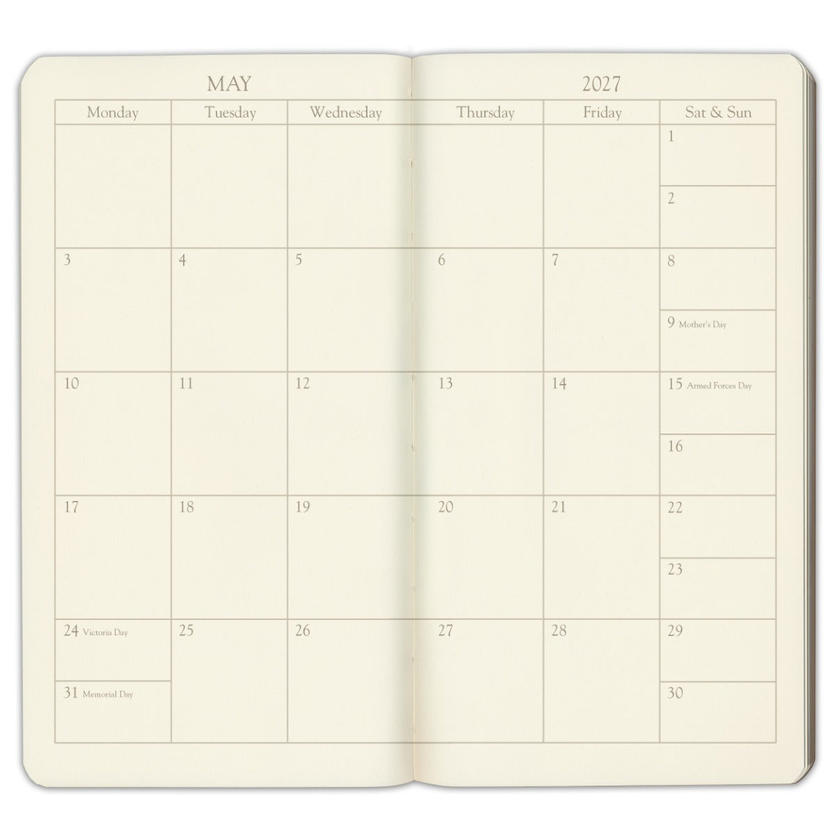 Pocket Weekly Leather Planner 2027 — months-at-a-glance spread