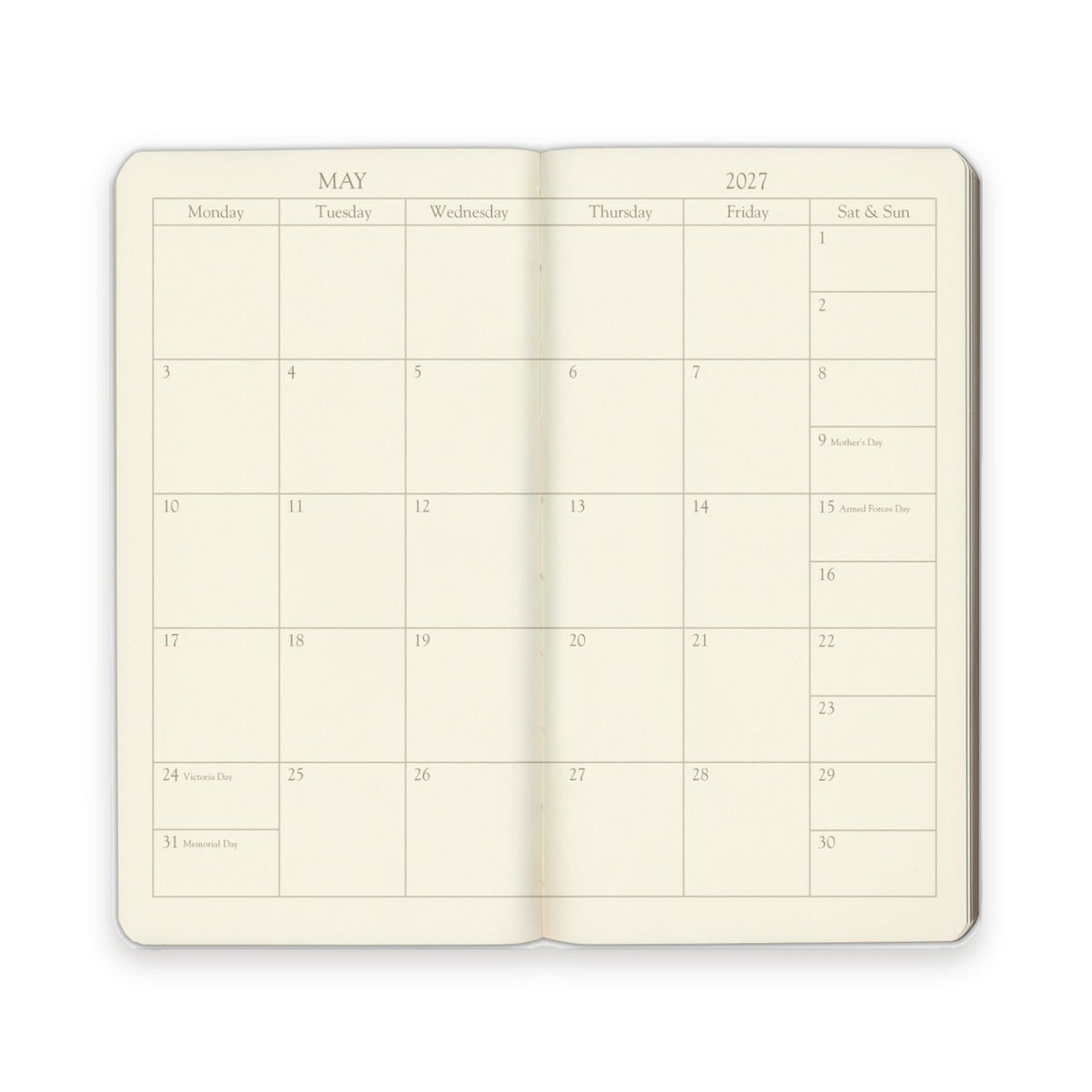 Pocket Weekly Leather Planner 2027 — months-at-a-glance spread