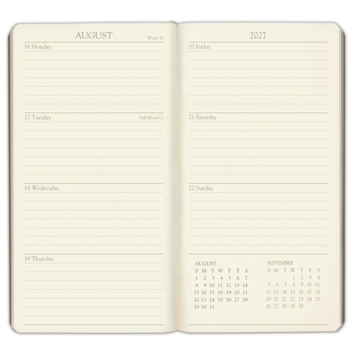 Pocket Weekly Leather Planner 2027 — weekly spread, two pages per week