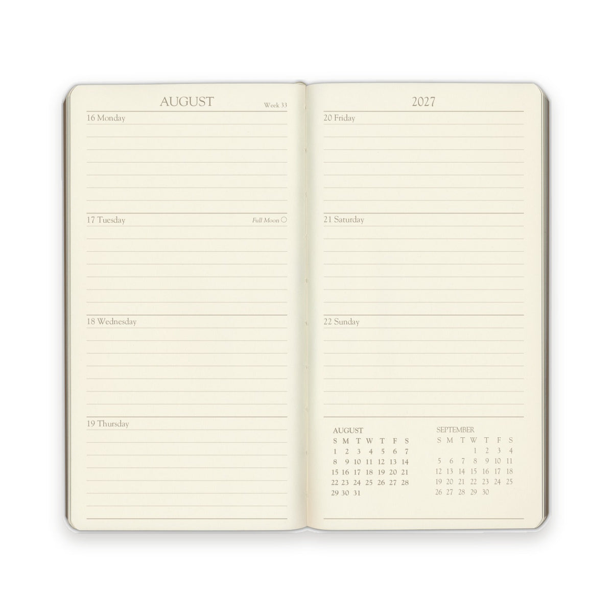 Pocket Weekly Leather Planner 2027 — weekly spread, two pages per week