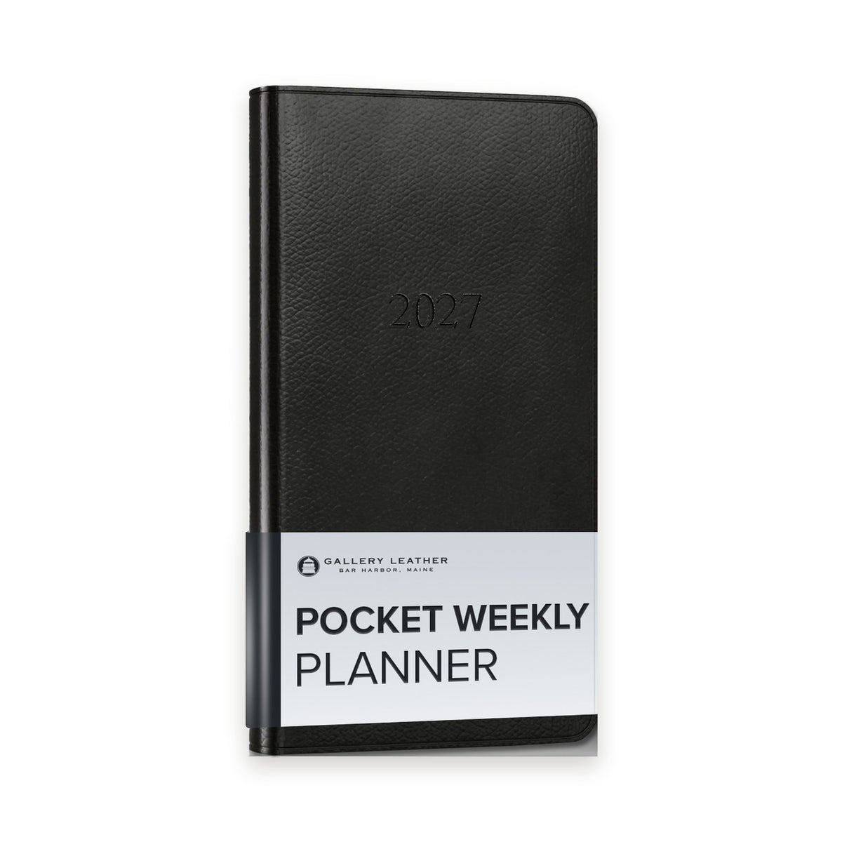 Pocket Weekly Leather Planner 2027 in Monhegan Black full-grain leather — front cover, 6 by 3.25 inches