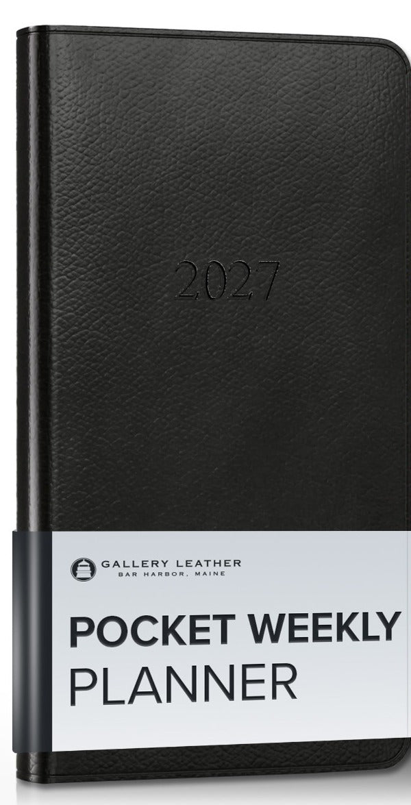 Pocket Weekly Leather Planner 2027 in Monhegan Black full-grain leather — front cover, 6 by 3.25 inches