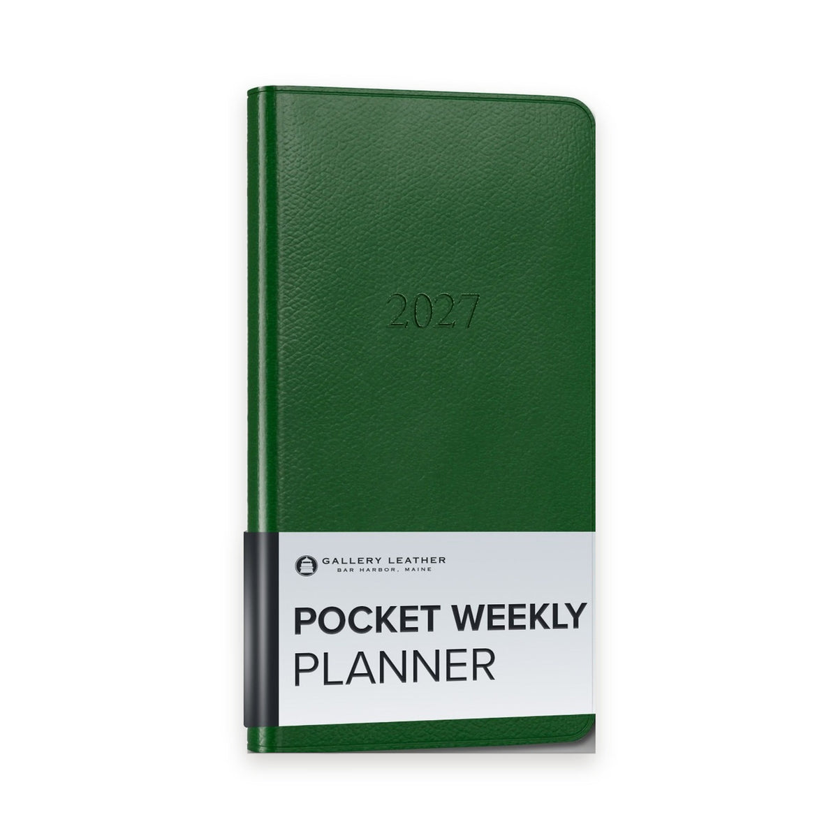 Pocket Weekly Leather Planner 2027 in Monhegan Emerald full-grain leather — front cover, 6 by 3.25 inches