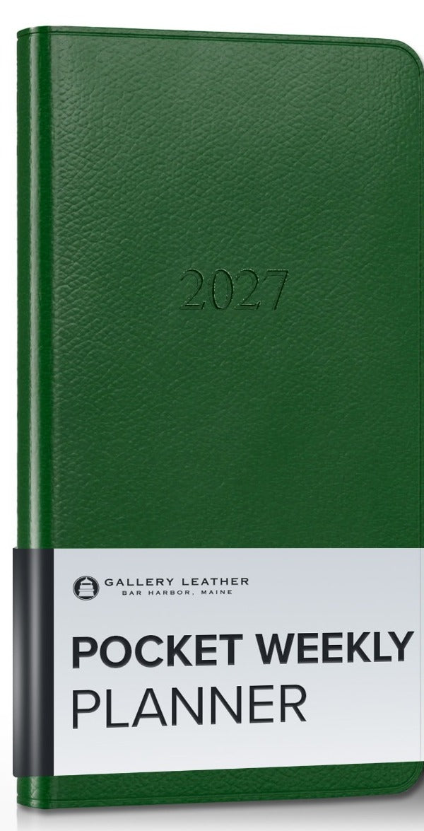 Pocket Weekly Leather Planner 2027 in Monhegan Emerald full-grain leather — front cover, 6 by 3.25 inches