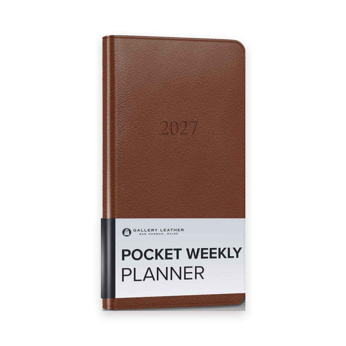 Pocket Weekly Leather Planner 2027 in Monhegan Saddle full-grain leather — front cover, 6 by 3.25 inches