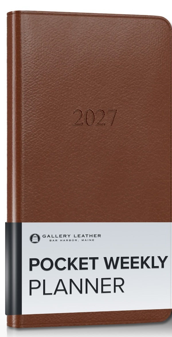 Pocket Weekly Leather Planner 2027 in Monhegan Saddle full-grain leather — front cover, 6 by 3.25 inches
