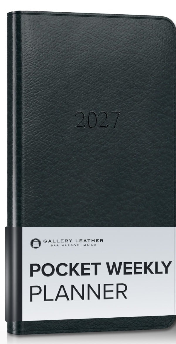 Pocket Weekly Leather Planner 2027 in Tremont Atlantic full-grain leather — front cover, 6 by 3.25 inches