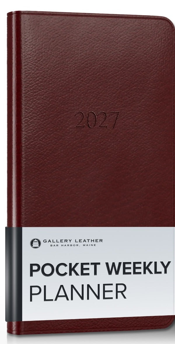 Pocket Weekly Leather Planner 2027 in Tremont Garnet full-grain leather — front cover, 6 by 3.25 inches