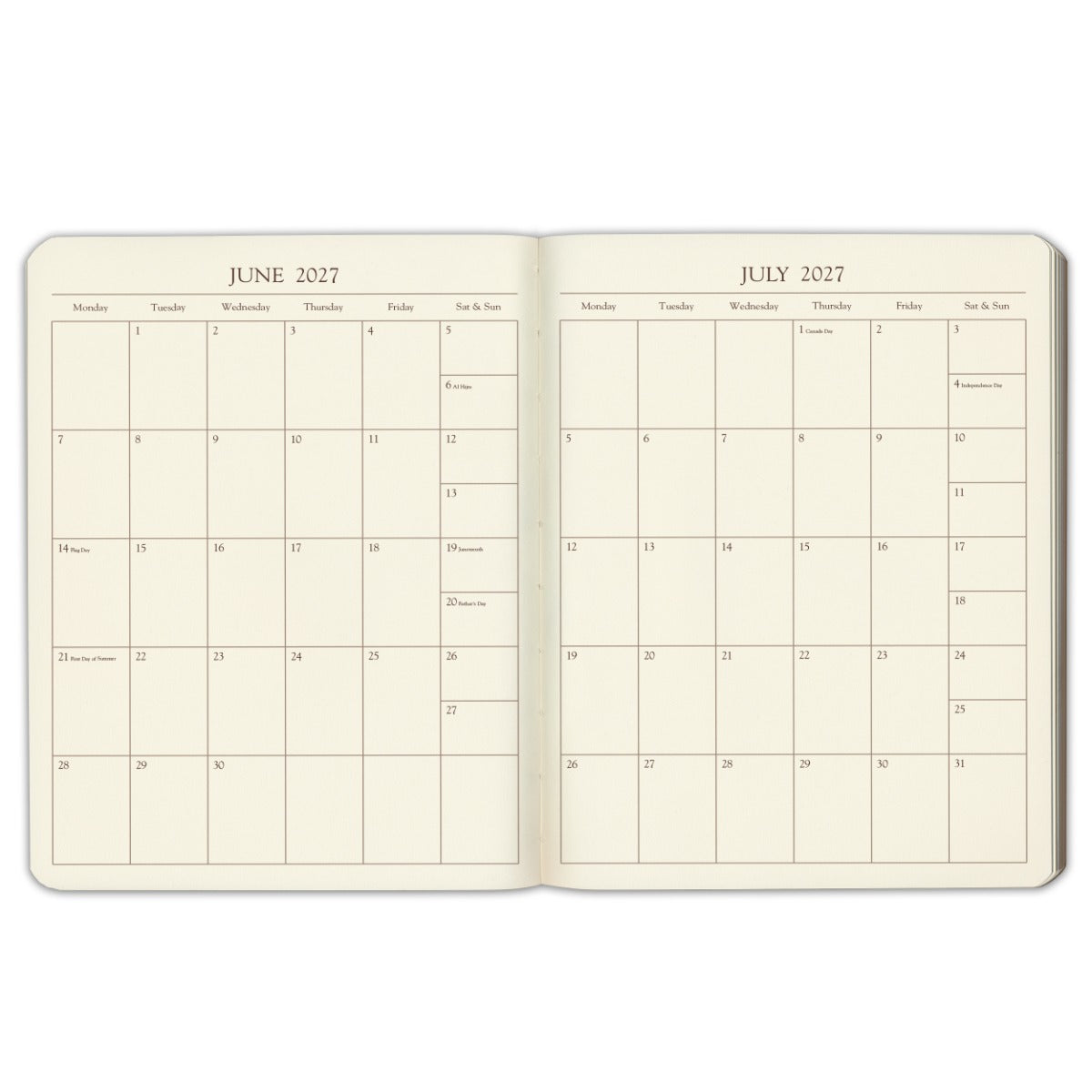 Professional Leather Planner 2027 — monthly section spread, two pages per month