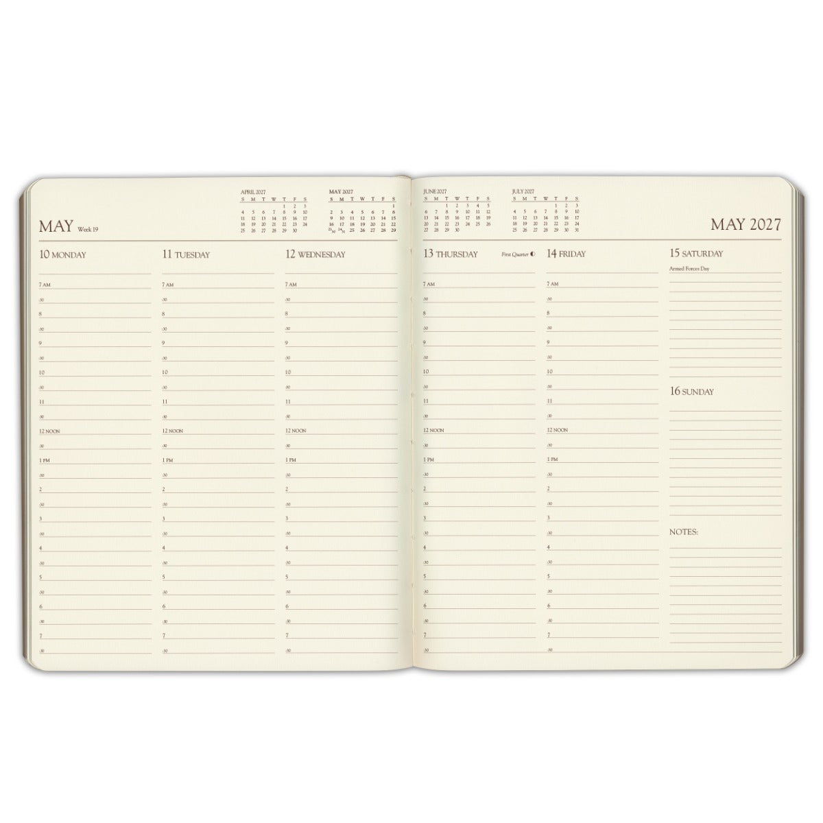 Professional Leather Planner 2027 — weekly spread, two pages per week, days ruled in half-hour lines from 7 AM to 7 PM