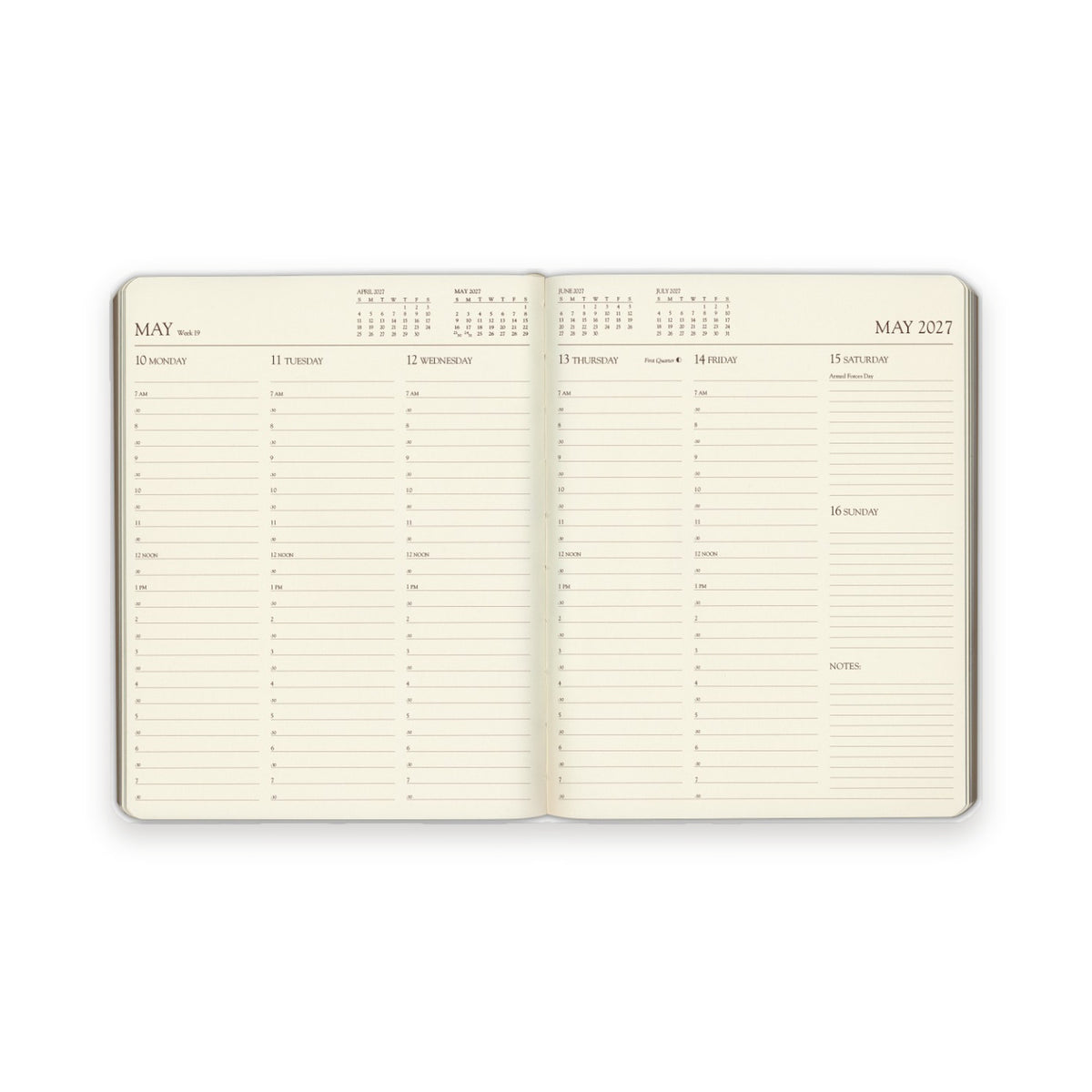Professional Leather Planner 2027 — weekly spread, two pages per week, days ruled in half-hour lines from 7 AM to 7 PM