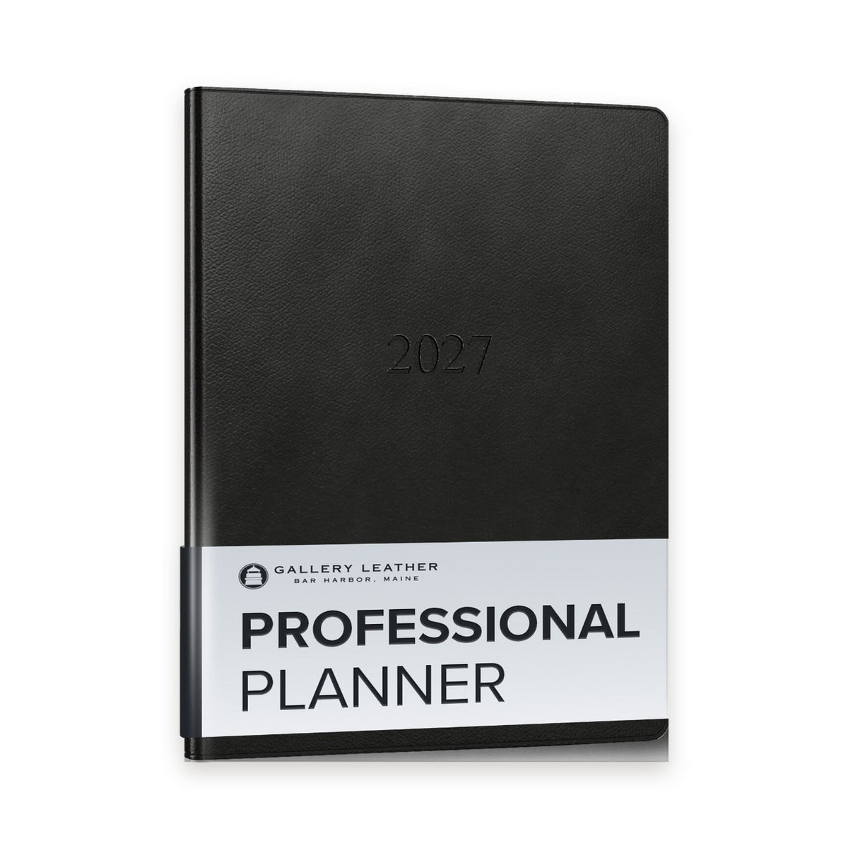 Professional Leather Planner 2027 in Monhegan Black full-grain leather — front cover, 9 by 7 inches