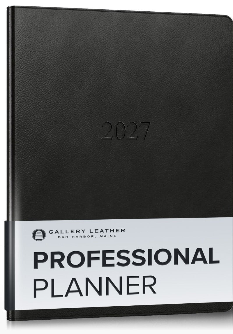 Professional Leather Planner 2027 in Monhegan Black full-grain leather — front cover, 9 by 7 inches