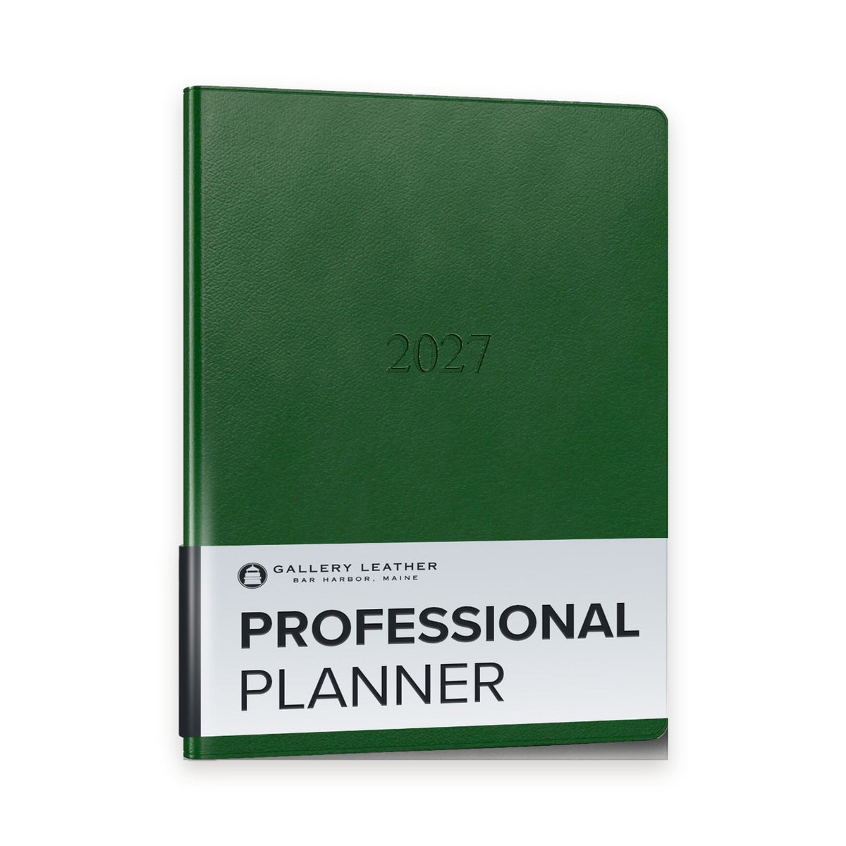 Professional Leather Planner 2027 in Monhegan Emerald full-grain leather — front cover, 9 by 7 inches