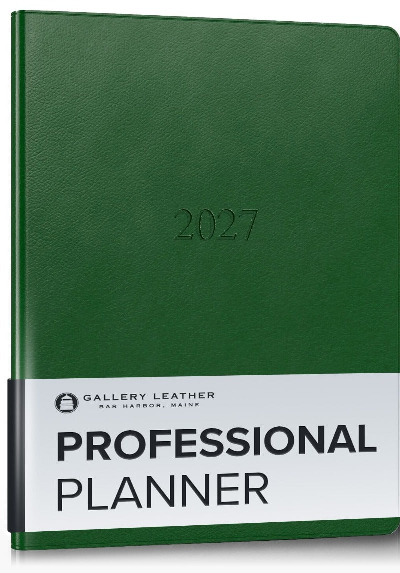 Professional Leather Planner 2027 in Monhegan Emerald full-grain leather — front cover, 9 by 7 inches