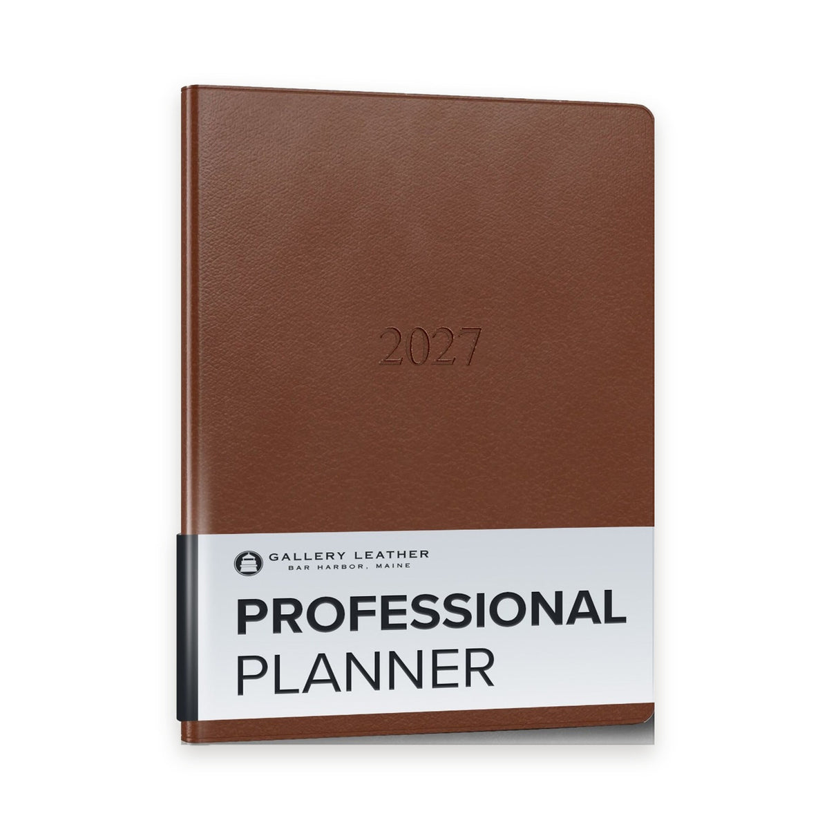 Professional Leather Planner 2027 in Monhegan Saddle full-grain leather — front cover, 9 by 7 inches