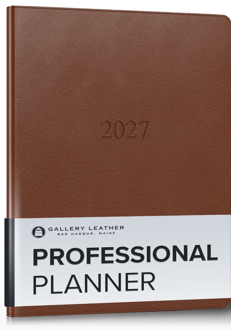 Professional Leather Planner 2027 in Monhegan Saddle full-grain leather — front cover, 9 by 7 inches