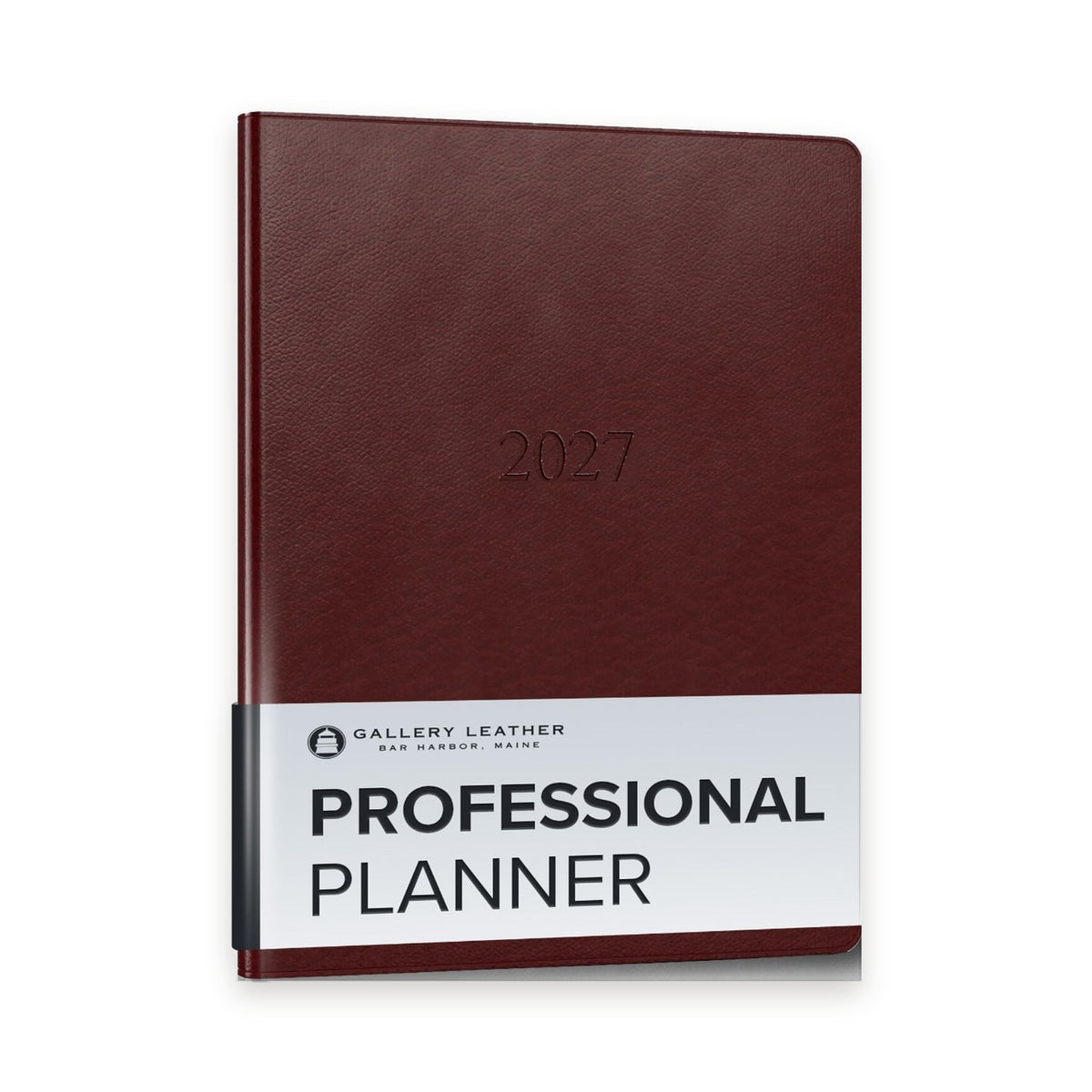Professional Leather Planner 2027 in Tremont Garnet full-grain leather — front cover, 9 by 7 inches