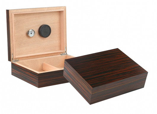 Vizcaya humidor in ebony finish, open with hygrometer in the lid