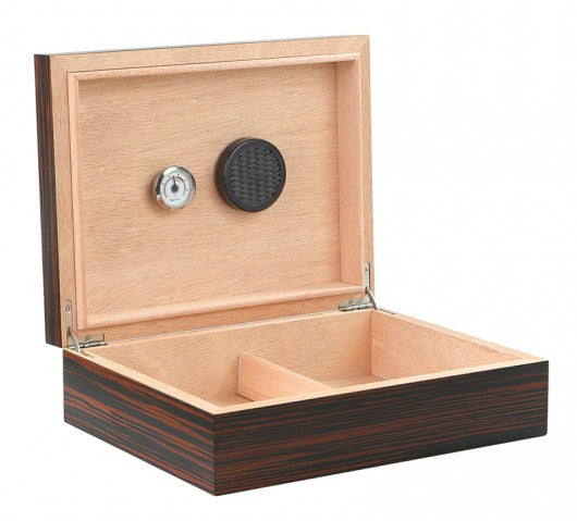 Vizcaya humidor open, cedar interior with hygrometer and humidifier