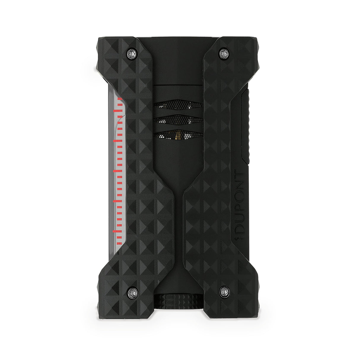 S.T. Dupont Windproof lighter in black with diamond head guilloché bumpers and a graduated fuel window, front view
