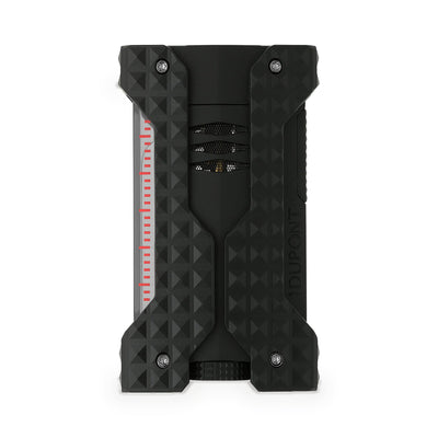S.T. Dupont Windproof lighter in black with diamond head guilloché bumpers and a graduated fuel window, front view