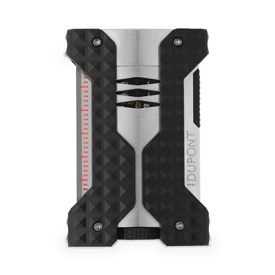 S.T. Dupont Windproof lighter in brushed chrome with black diamond head guilloché bumpers and a graduated fuel window, front view
