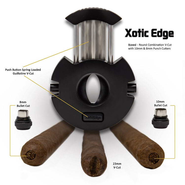 Diagram showing the Xceed's three cuts in use — the 23mm V-cut and the 8mm and 10mm bullet punches on cigars shown for illustration only, not included