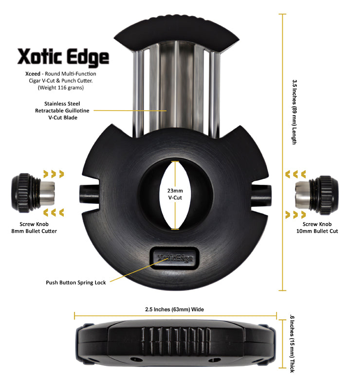 Diagram of the Xceed cigar cutter's dimensions — 3.5 inches long, 2.5 inches wide, .6 inches thick closed, 116 grams — with the 23mm V-cut and the 8mm and 10mm bullet punches labeled