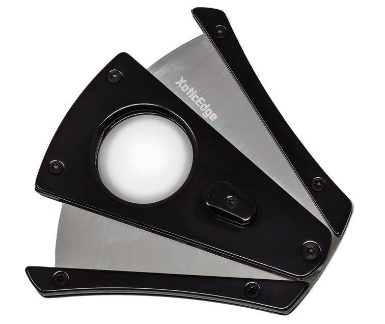 XhaleX dual wing cigar cutter in black anodized aluminum, shown at an angle with the winged blades partly open