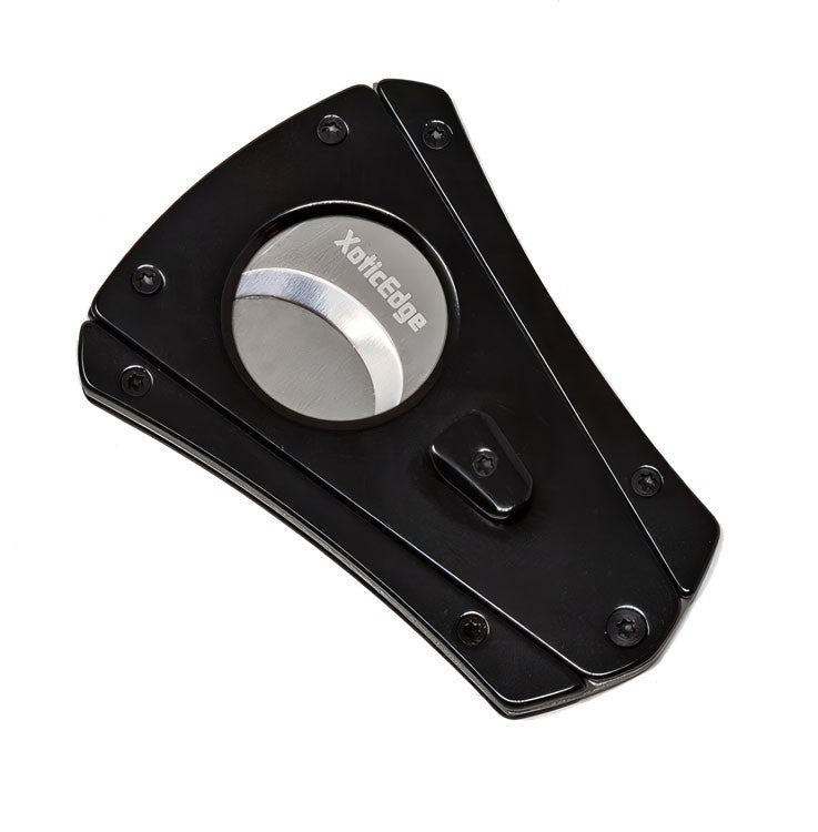 The XhaleX dual wing cutter from a second angle, blades nearly closed against the black anodized body